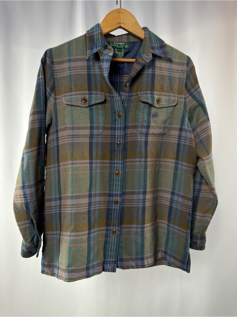 Ralph Lauren Blue Olive Pure Wool Plaid Long Sleeve Logo Embroidered Shirt Small